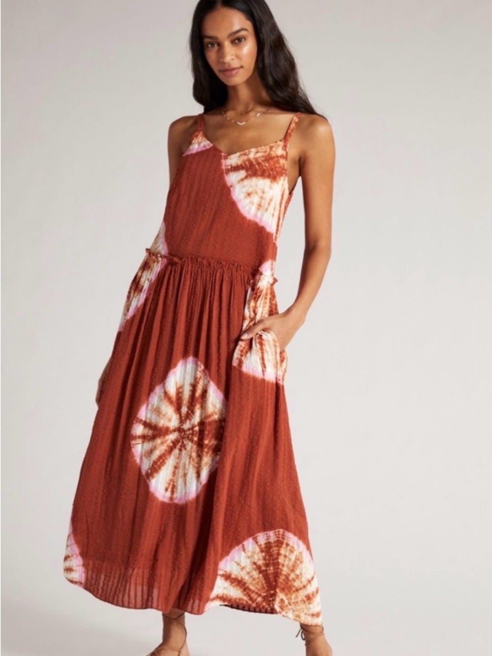 Anthropologie Rust Tie-Dye Maxi Dress with White Accents
